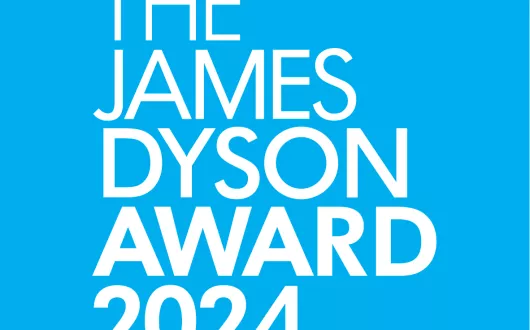 Grafika na niebieskim tle z napisem o konkurs James Dyson Award 2024