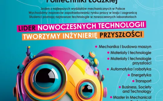 Grafika przedstawiająca kolorowego robota z ofertą edukacyjną Wydziału Mechanicznego oraz kodem kreskowym