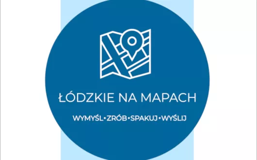Grafika na niebieskim tle z konkursem Łódzkie na mapach 