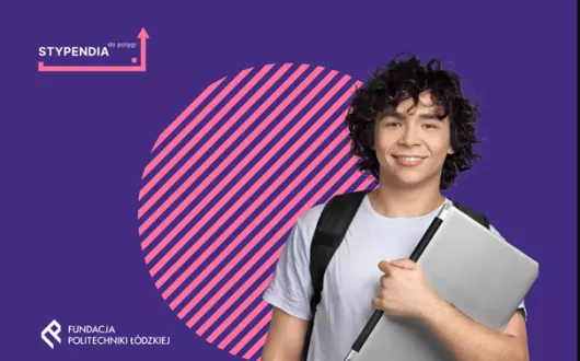 Grafika przedstawia mężczyznę na fioletowej ścianie zapraszającego do konkursu studenckiego z Fundacji Politechniki Łódzkiej