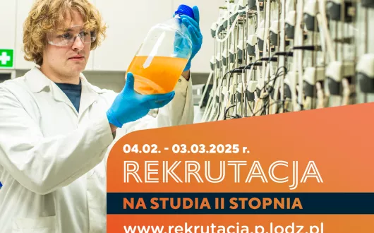 Grafika przedstawiająca studentów w laboratorium informująca o terminach rekrutacji na studia PŁ