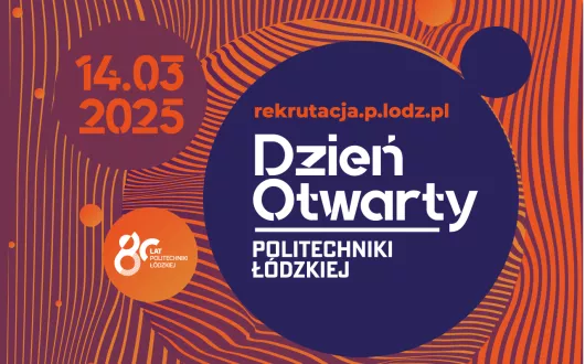 Grafika na pomarańczowym tle zachęcająca do udziału w Dniu Otwartym PŁ