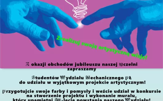 Grafika muralu zapraszająca do udziału w konkursie studentów Wydziału Mechanicznego