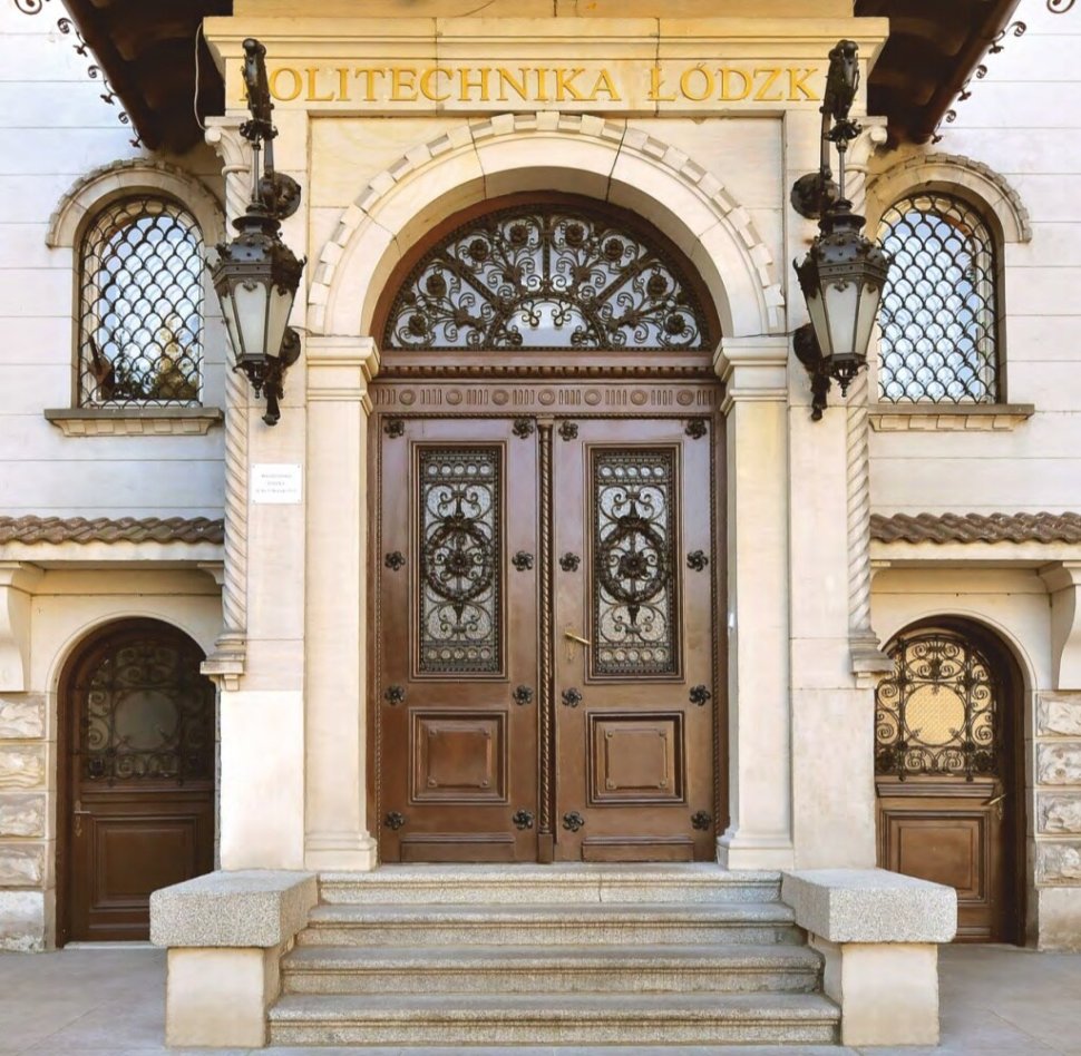 Wooden entrance door to the rector's office with the inscription Lodz University of Technology