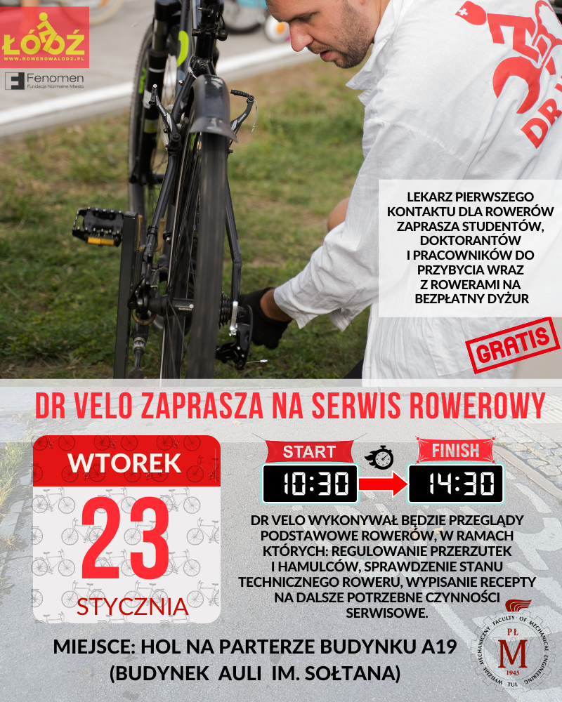 Plakat informujący o serwisie rowerowym Dr Velo