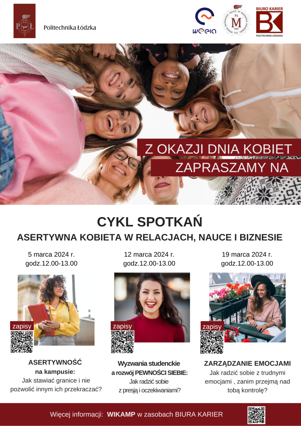 Plakat informujący o szkoleniach Asertywna kobieta w relacjach, nauce i biznesie