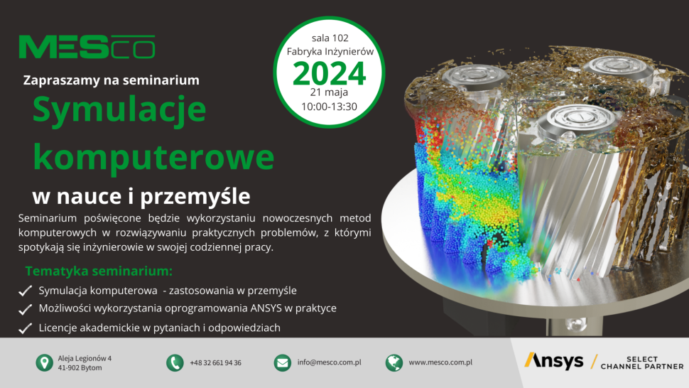 Grafika przedstawiająca produkty firmy MESCO i zaproszenie na ANSYS Academic Roadshow