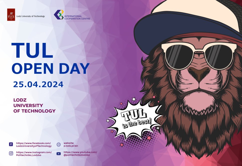 The graphic (The head of a lion wearing a hat and glasses) shows an invitation to TUL Open Day