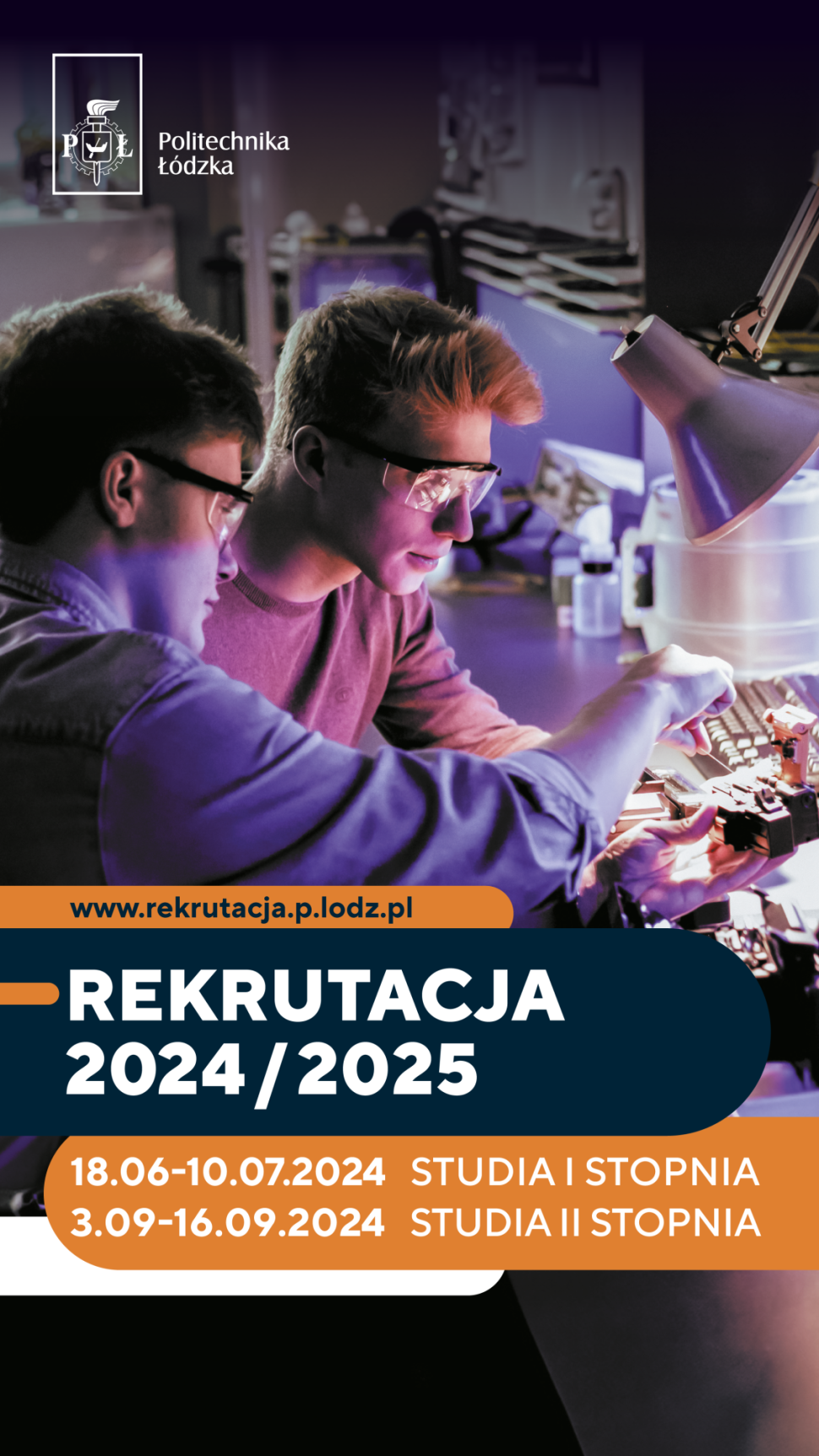 Grafika przedstawiająca studentów w laboratorium informująca o terminach rekrutacji na studia PŁ