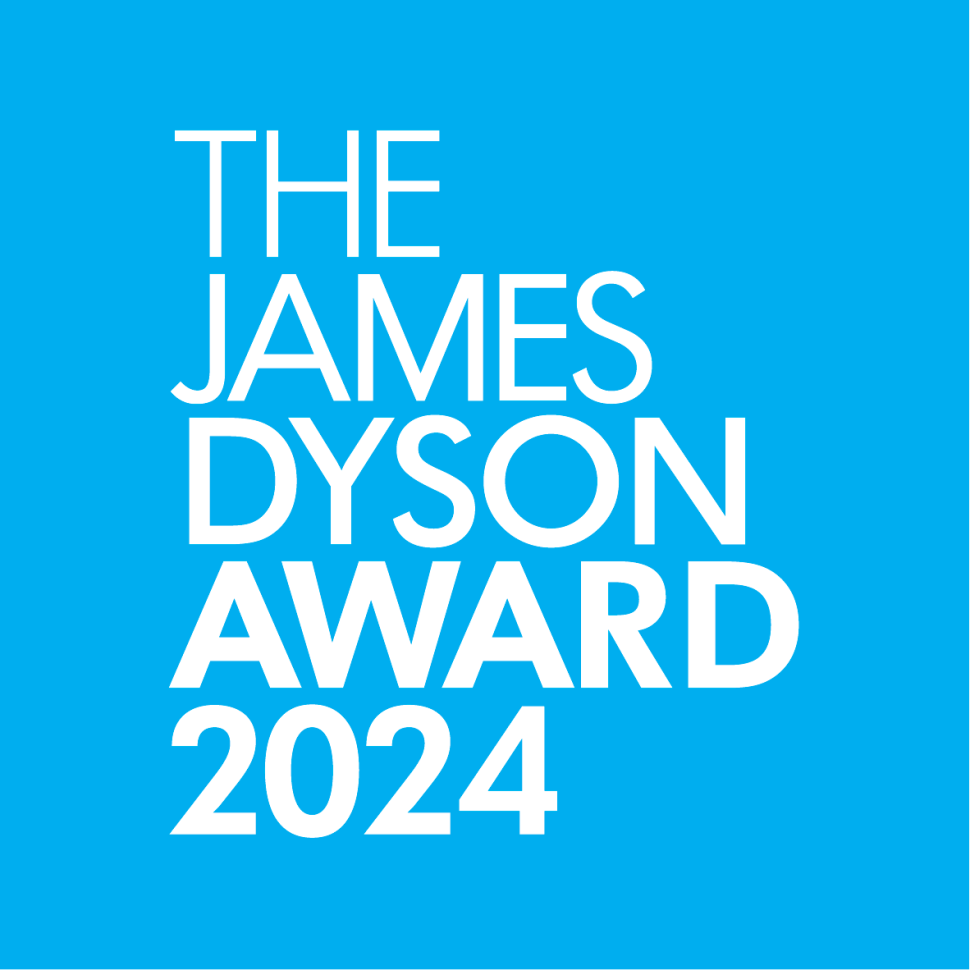 Grafika na niebieskim tle z napisem o konkurs James Dyson Award 2024