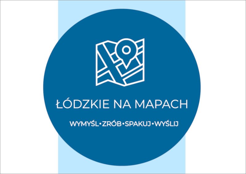 Grafika na niebieskim tle z konkursem Łódzkie na mapach 