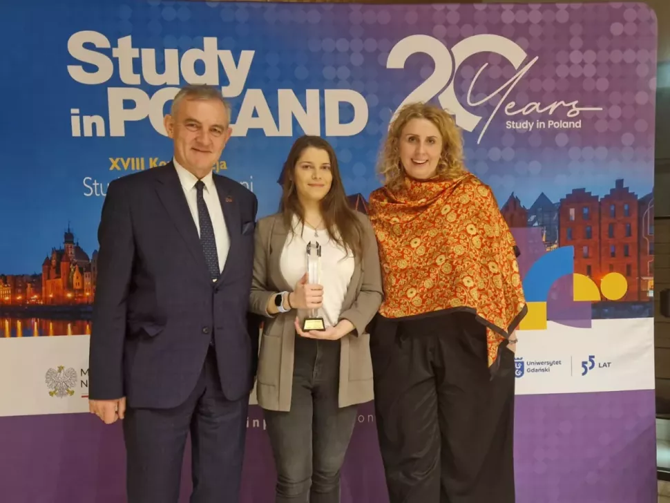 Award ceremony - our student with TUL Rector and Director of the International Cooperation Centre