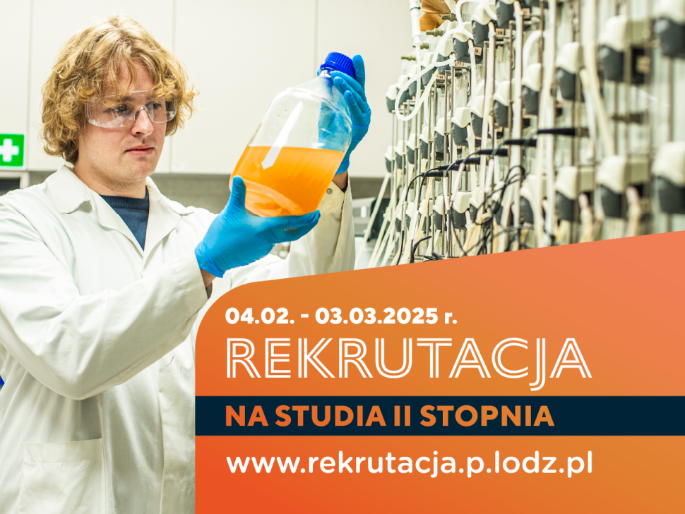 Grafika przedstawiająca studentów w laboratorium informująca o terminach rekrutacji na studia PŁ