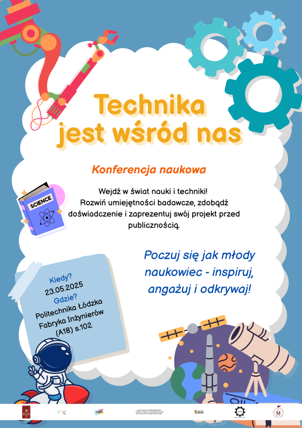 Grafika przedstawiająca zaproszenie na konferencję techniczną dla uczniów