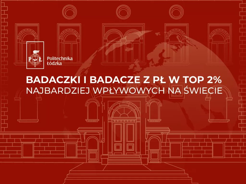Grafika na bordowym tle z białymi konturami zabytkowej architektury Politechniki