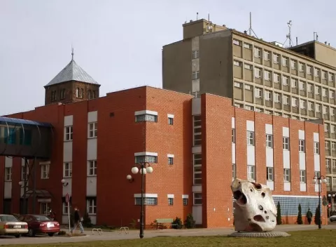 The brick-colored building of the Institute of Fluid-Flow Machinery with a visible sculpture in front of the building