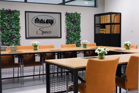 Seminar room at the Institute of Materials Science with chairs, tables, green accent of vegetation on the walls with the inscription MALOW Space on the wall