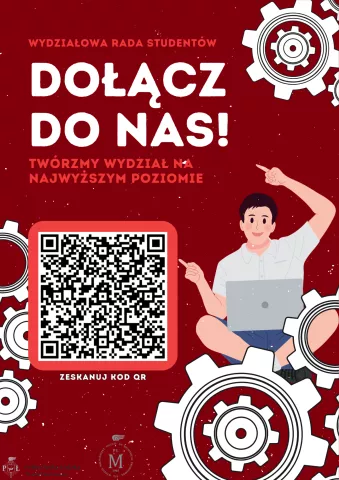 Plakat Wydziałowej Rady Studentów o naborze do składu z kodem kreskowym