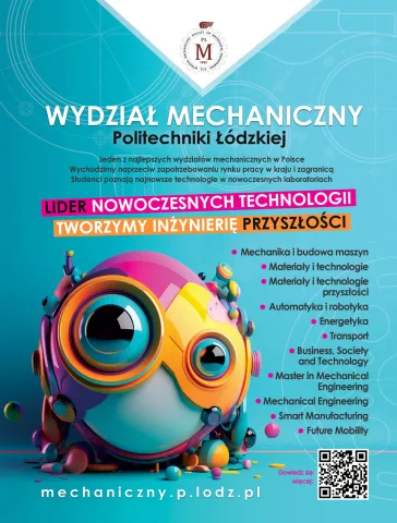 Grafika przedstawiająca kolorowego robota z ofertą edukacyjną Wydziału Mechanicznego oraz kodem kreskowym