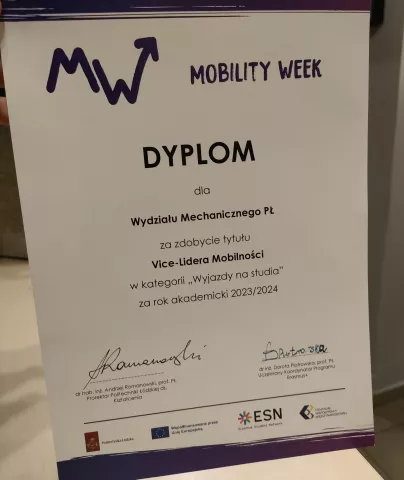 Dyplom dla Wydziału podczas Mobility Week 