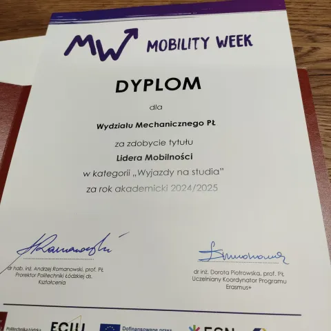 Dyplom dla Wydziału Lidera Mobilności