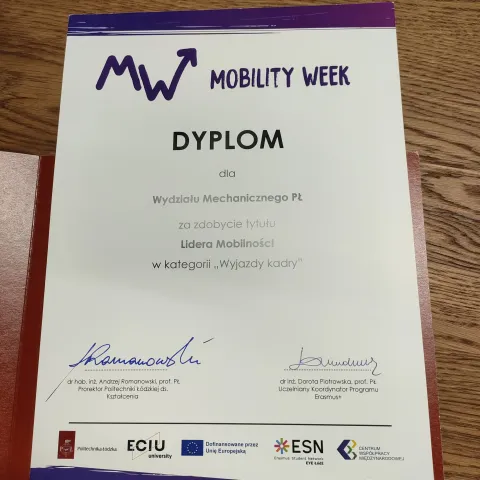 Dyplom dla Wydziału Lidera Mobilności