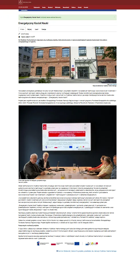 Zrzut ekranu o projekcie umieszczony na stronie biuletynu informacyjnego Życie Uczelni".