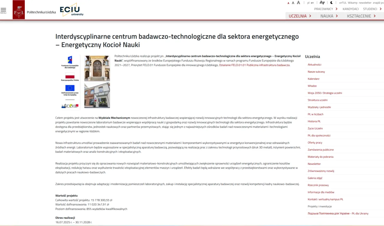 Zrzut ekranu o projekcie umieszczony na stronie Politechniki Łódzkiej
