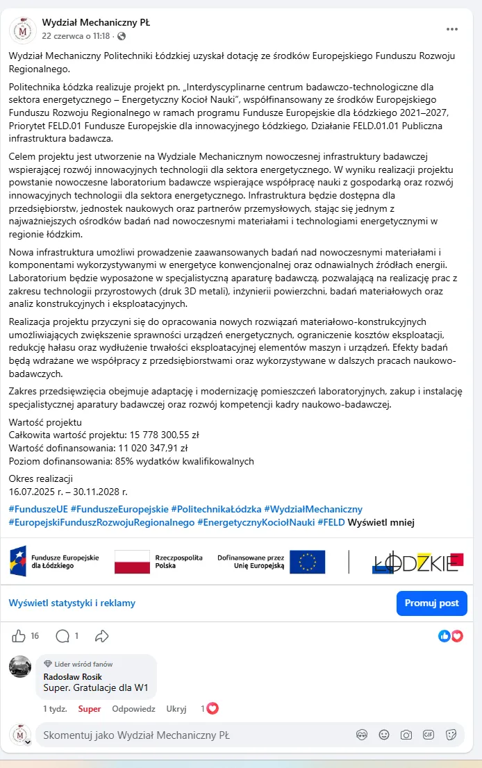 Zrzut ekranu o projekcie umieszczony na stronie Facebook Wydziału Mechanicznego PŁ