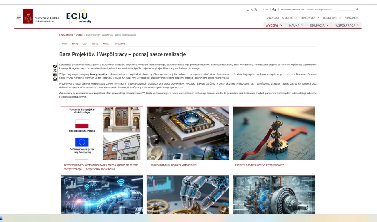 Zrzut ekranu o projekcie umieszczony na stronie Wydziału Mechanicznego PŁ