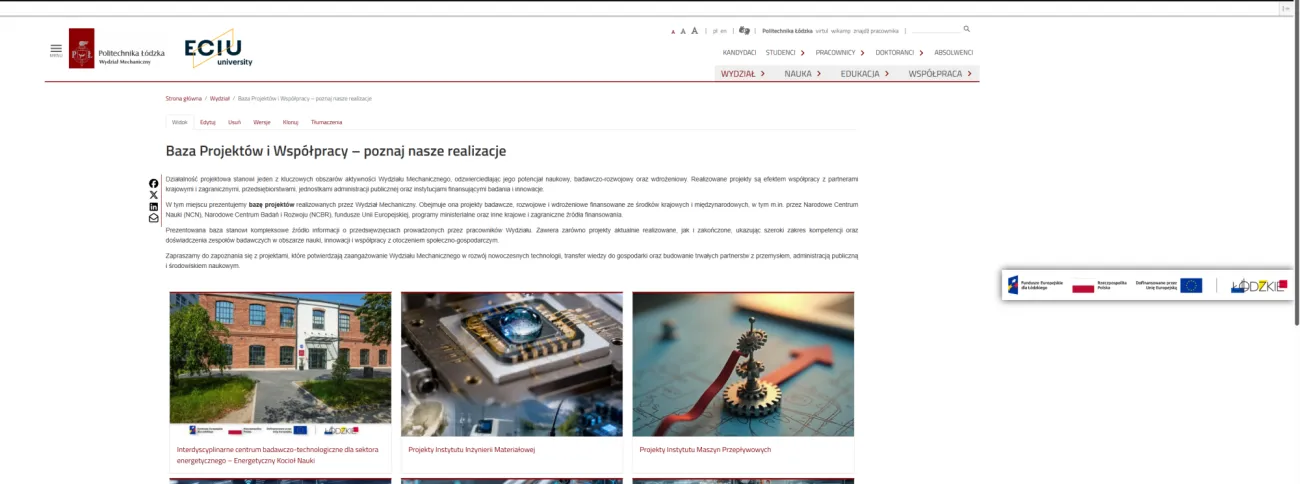 Zrzut ekranu o projekcie umieszczony na stronie Wydziału Mechanicznego PŁ