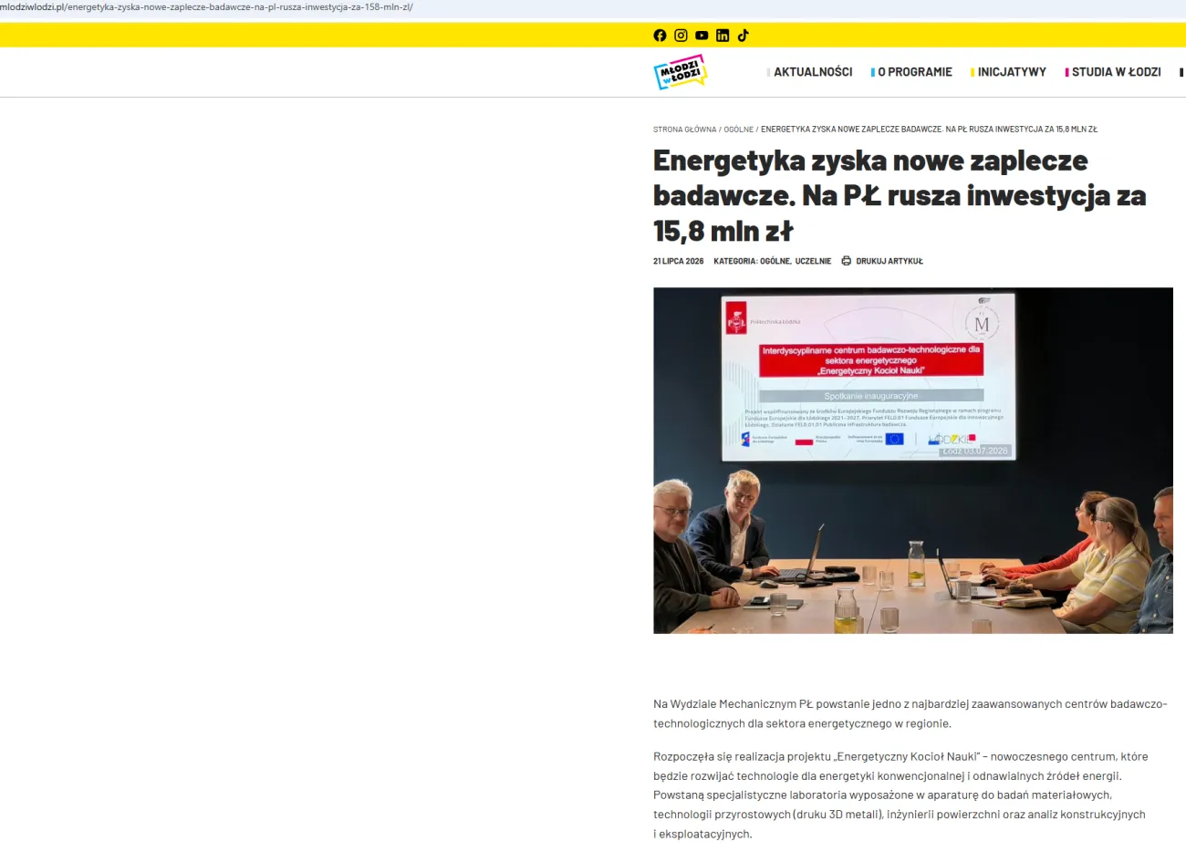 Zrzut ekranu ze strony programu Młodzi w Łodzi