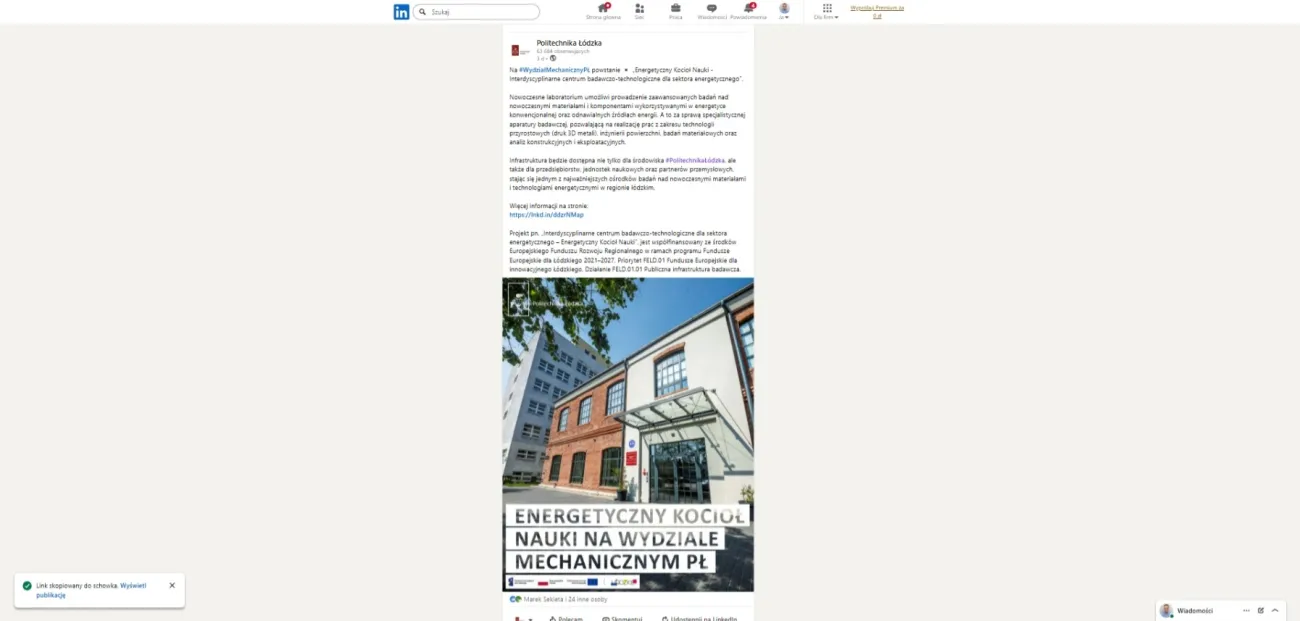 Zrzut ekranu o projekcie umieszczony na LinkedIn PŁ