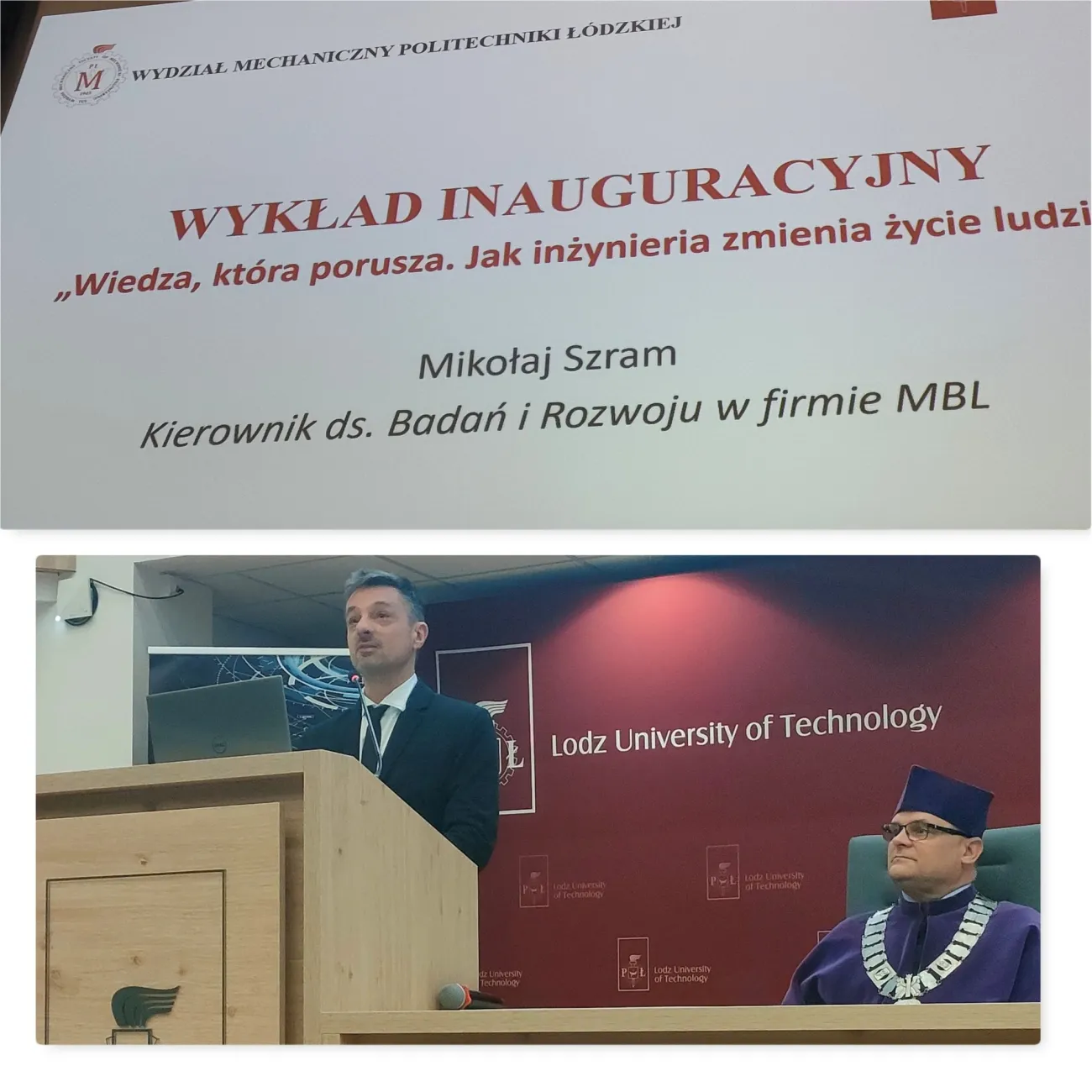 Dwóch mężczyzn podczas inauguracji roku akademickiego. Jeden wygłaszający wykład, drugi w todze dziekańskiej
